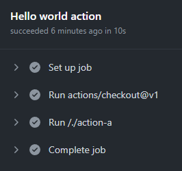 Hello world action 이라는 이름의 job 실행, checkout과 action-a의 step이 실행된다.