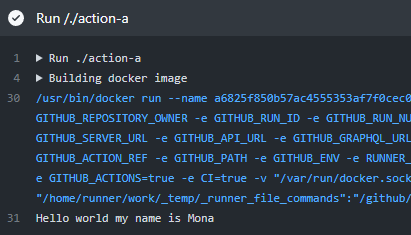 docker 컨테이너를 이용해 entrypoint.sh 파일이 실행된 모습. 실행변수로 넘긴 Mona도 잘 적용 되었다.